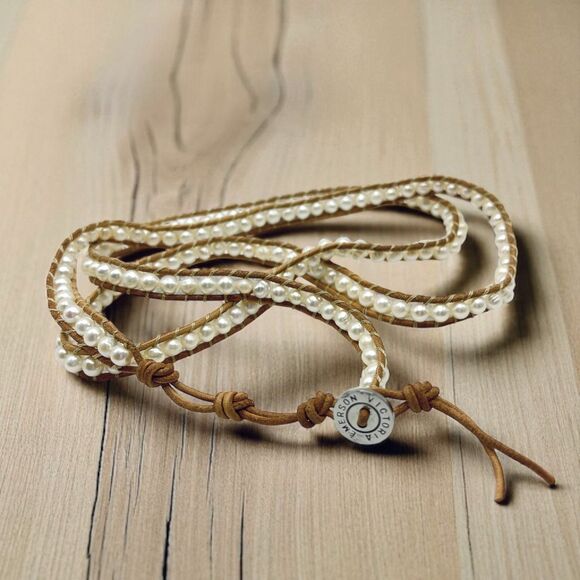 Victoria Emerson Pearl Wrap Bracelet Brown Leather Cord Boho Adjustable 36" - Picture 1 of 7